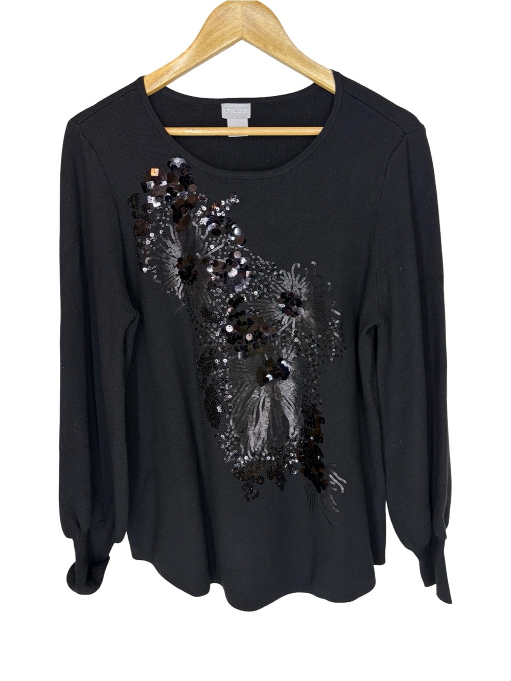 Chico's Black Long Sleeve Tee with Sequin Floral Appliqué